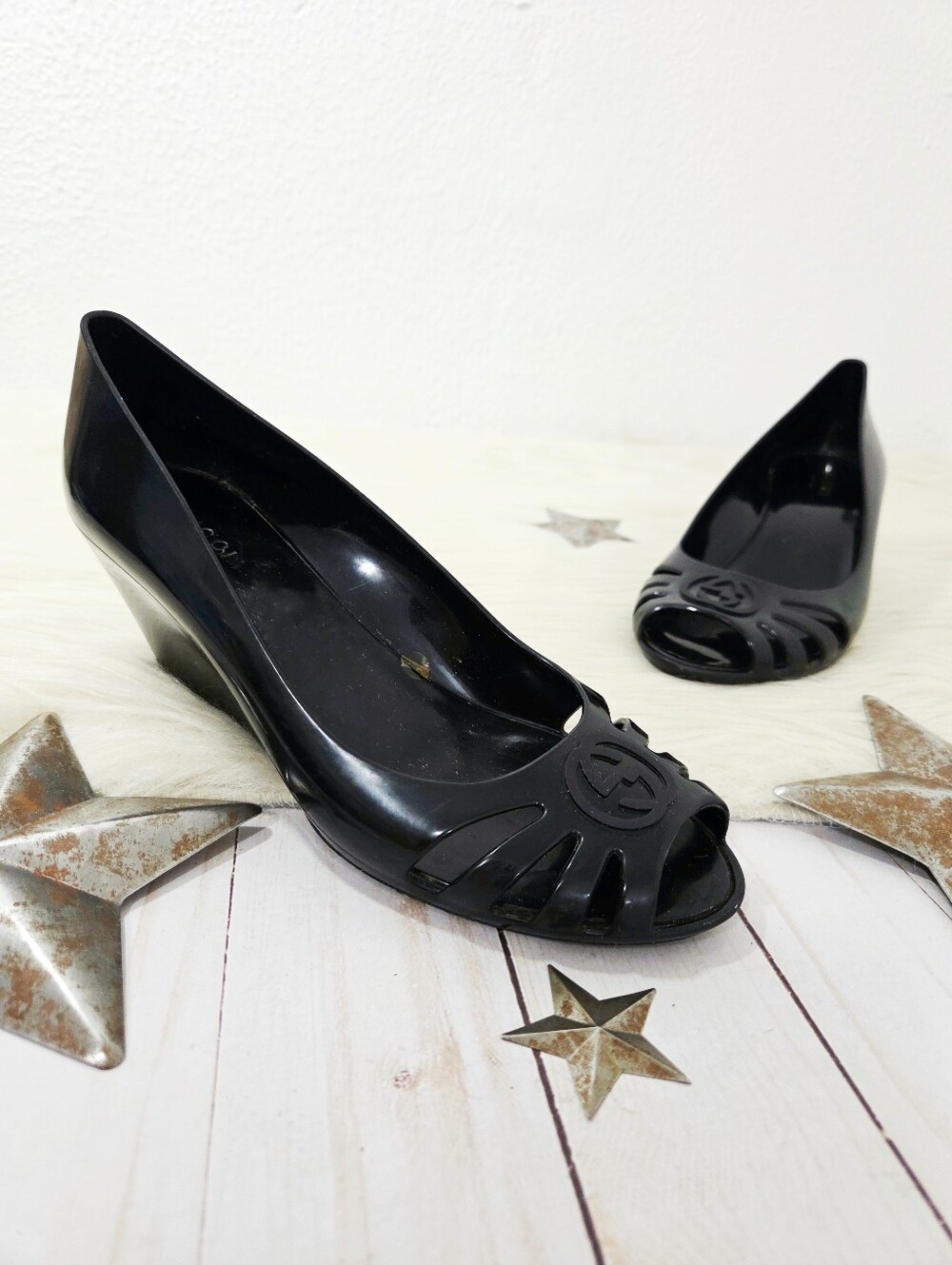 Gucci Marola Black Rubber Interlock G Jelly Wedges sandals heels women's size 36